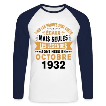 Les légendes sont nées en Octobre 1932 Cadeau - T-shirt baseball manches longues Homme - blanc/marine - Devant - Nik (191cm)