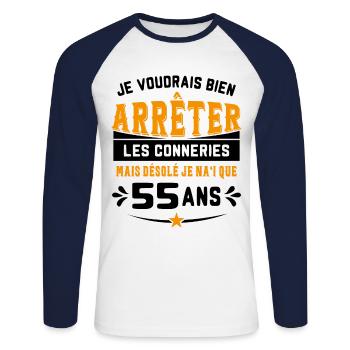 Je Voudrais Bien 55 Ans Humour Cadeau - T-shirt baseball manches longues Homme - blanc/marine - Devant - Nik (191cm)