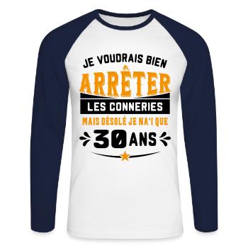 Je Voudrais Bien 30 Ans Humour Cadeau - T-shirt baseball manches longues Homme - blanc/marine - Devant - Nik (191cm)