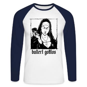 Ballert Gottlos Nonne Trinkt Wein - Unisex Baseballshirt langarm - Weiß/Navy - Vorne - Nik (191cm)
