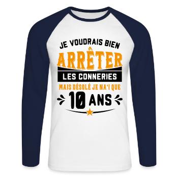 Je Voudrais Bien 10 Ans Humour Cadeau - T-shirt baseball manches longues Homme - blanc/marine - Devant - Nik (191cm)