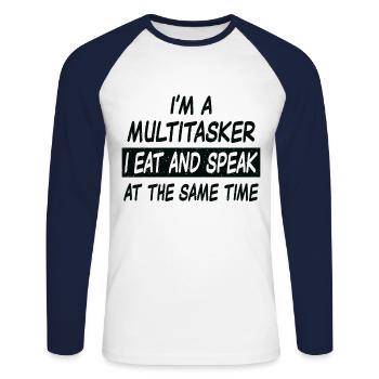 Multitasker eat and speak - Unisex Baseballshirt langarm - Weiß/Navy - Vorne - Nik (191cm)