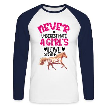 Never Underestimate A Girl's Love For Her Horse Eq - Unisex Baseballshirt langarm - Weiß/Navy - Vorne - Nik (191cm)