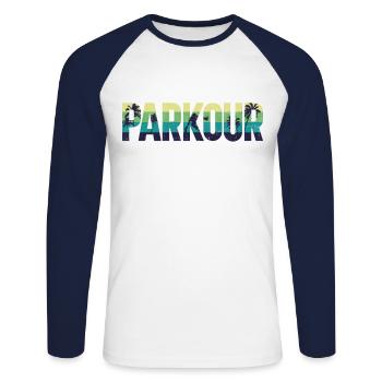 Parkour Free Running Traceur Retro - T-shirt baseball manches longues Homme - blanc/marine - Devant - Nik (191cm)
