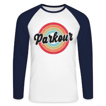 Parkour Free Running Traceur Retro - T-shirt baseball manches longues Homme - blanc/marine - Devant - Nik (191cm)