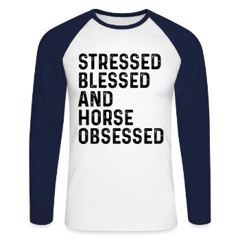 Stressed Blessed And Horse Obsessed Equestrian Hor - Unisex Baseballshirt langarm - Weiß/Navy - Vorne - Nik (191cm)