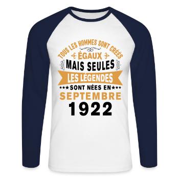 Les Légendes Sont Nées En Septembre 1922 Cadeau - T-shirt baseball manches longues Homme - blanc/marine - Devant - Nik (191cm)