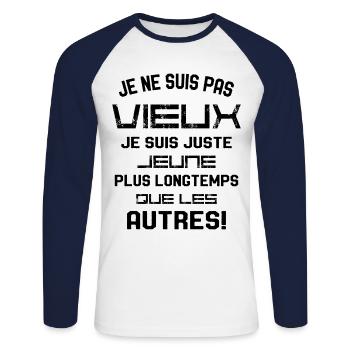 Je ne suis pas vieux je suis juste jeune Humour - T-shirt baseball manches longues Homme - blanc/marine - Devant - Nik (191cm)