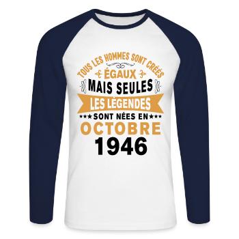 Les légendes sont nées en Octobre 1946 Cadeau - T-shirt baseball manches longues Homme - blanc/marine - Devant - Nik (191cm)