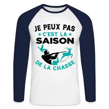 C'est La Saison De La Chasse Humour Chasseur - T-shirt baseball manches longues Homme - blanc/marine - Devant - Nik (191cm)