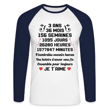 Couple 3 Ans amour Anniversaire de mariage Cadeau - T-shirt baseball manches longues Homme - blanc/marine - Devant - Nik (191cm)