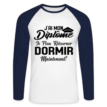 J'ai mon diplôme je peux retourner dormir? - T-shirt baseball manches longues Homme - blanc/marine - Devant - Nik (191cm)