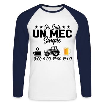 Je Suis Un Mec Simple Cafe Tracteur l'apéro - T-shirt baseball manches longues Homme - blanc/marine - Devant - Nik (191cm)