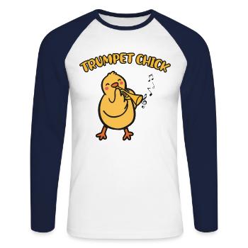 Trumpet Player Girl Chicken - Unisex Long Sleeve Baseball T-Shirt - white/navy - Front - Nik (191cm)