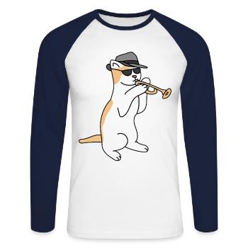 Trumpet Player Cat Jazz - Unisex Long Sleeve Baseball T-Shirt - white/navy - Front - Nik (191cm)