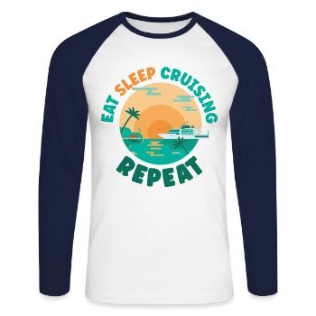 Vacances en bateau de croisière Manger dormir - T-shirt baseball manches longues Homme - blanc/marine - Devant - Nik (191cm)