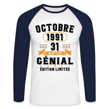 31 Ans Anniversaire Vintage Né(e) en Octobre 1991 - T-shirt baseball manches longues Homme - blanc/marine - Devant - Nik (191cm)