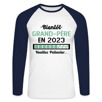 Bientôt Grand Père 2023 Cadeau Papy - T-shirt baseball manches longues Homme - blanc/marine - Devant - Nik (191cm)