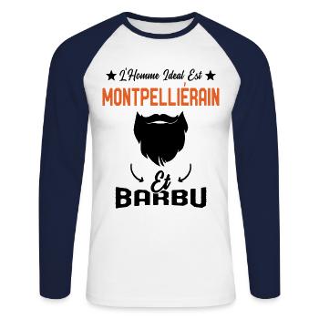 L'homme idéal est Montpelliérain et Barbu Humour - T-shirt baseball manches longues Homme - blanc/marine - Devant - Nik (191cm)