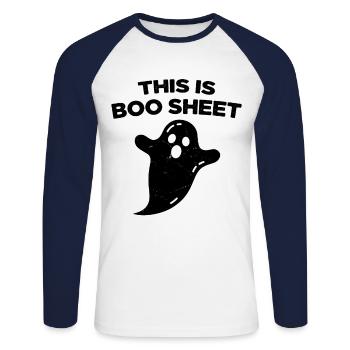 Hier ist das Boo Halloween Humor Blatt - Unisex Baseballshirt langarm - Weiß/Navy - Vorne - Nik (191cm)