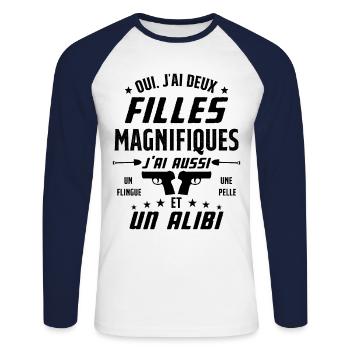 Papa J'ai deux Filles Magnifiques Humour Cadeau - T-shirt baseball manches longues Homme - blanc/marine - Devant - Nik (191cm)