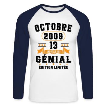 13 Ans Anniversaire Vintage En Octobre 2009 - T-shirt baseball manches longues Homme - blanc/marine - Devant - Nik (191cm)