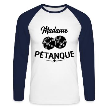 Madame Pétanque Humour Cadeau - T-shirt baseball manches longues Homme - blanc/marine - Devant - Nik (191cm)