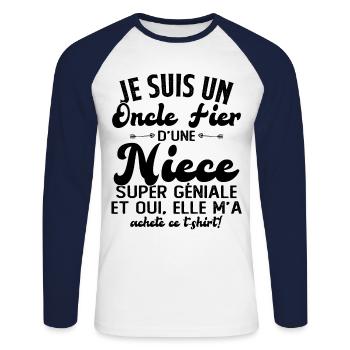 Je suis un Oncle Fier de sa Niece Super Géniale - T-shirt baseball manches longues Homme - blanc/marine - Devant - Nik (191cm)
