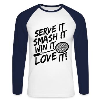 Badminton - Unisex Baseballshirt langarm - Weiß/Navy - Vorne - Nik (191cm)