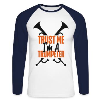 Trumpet Player Trust Me I'm A - Unisex Baseballshirt langarm - Weiß/Navy - Vorne - Nik (191cm)