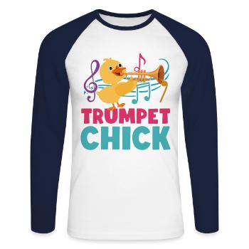 Trumpet Player Girl Chicken - Unisex Long Sleeve Baseball T-Shirt - white/navy - Front - Nik (191cm)