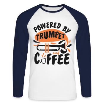 Trumpet Player Coffee Powered By - Unisex Long Sleeve Baseball T-Shirt - white/navy - Front - Nik (191cm)