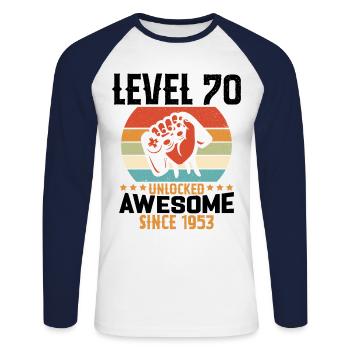 Level 70 Year Unlock Gaming Birthday Gift - Unisex Long Sleeve Baseball T-Shirt - white/navy - Front - Nik (191cm)