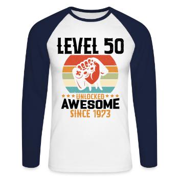 Level 50 Jahre Gaming-Geburtstagsgeschenk freischalten - Unisex Baseballshirt langarm - Weiß/Navy - Vorne - Nik (191cm)