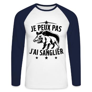 Je Peux Pas J'ai Sanglier Cadeau Chasseur - T-shirt baseball manches longues Homme - blanc/marine - Devant - Nik (191cm)