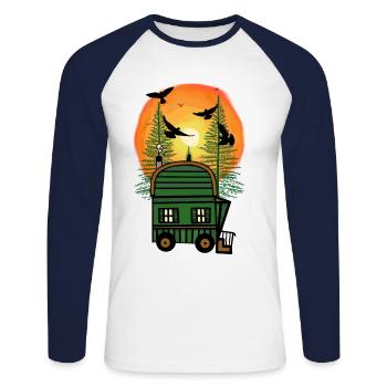 Bauwagen Naturfreund Freak Öko Haus Hütte wohnen - T-shirt baseball manches longues Homme - blanc/marine - Devant - Nik (191cm)