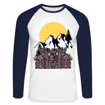 Mittelalter Burg Festung Ritter Mond Gebirge Berg - Unisex Baseballshirt langarm - Weiß/Navy - Vorne - Nik (191cm)