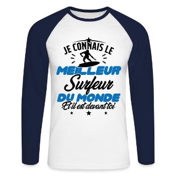 Humour Surf Homme Meilleur Surfeur Du monde - T-shirt baseball manches longues Homme - blanc/marine - Devant - Nik (191cm)