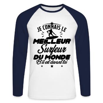 Humour Surf Homme Meilleur Surfeur Du monde - T-shirt baseball manches longues Homme - blanc/marine - Devant - Nik (191cm)