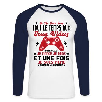 Je ne joue pas tout le temps aux jeux vidéos - T-shirt baseball manches longues Homme - blanc/marine - Devant - Nik (191cm)