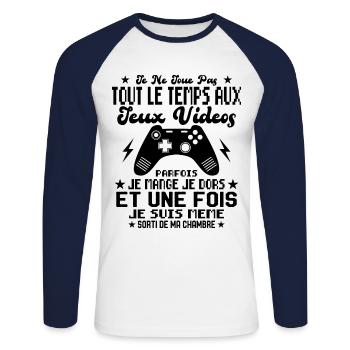 Je ne joue pas tout le temps aux jeux vidéos - T-shirt baseball manches longues Homme - blanc/marine - Devant - Nik (191cm)