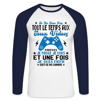 Je ne joue pas tout le temps aux jeux vidéos - T-shirt baseball manches longues Homme - blanc/marine - Devant - Nik (191cm)