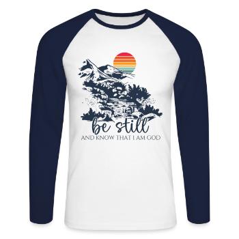 Jesus Christus - Christliches Shirt - Be still - Unisex Baseballshirt langarm - Weiß/Navy - Vorne - Nik (191cm)