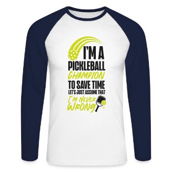 Pickleball Je suis un pickleball - T-shirt baseball manches longues Homme - blanc/marine - Devant - Nik (191cm)
