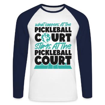 Pickleball What Happens At The - Unisex Long Sleeve Baseball T-Shirt - white/navy - Front - Nik (191cm)