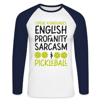 Pickleball Je parle 4 langues - T-shirt baseball manches longues Homme - blanc/marine - Devant - Nik (191cm)