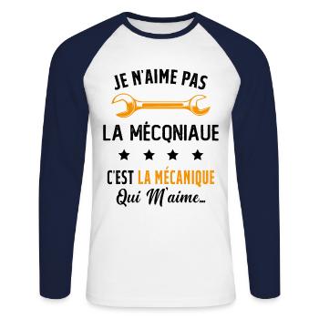 C'est la Mécanique Qui M'aime Cadeau Humour - T-shirt baseball manches longues Homme - blanc/marine - Devant - Nik (191cm)