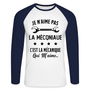 C'est la Mécanique Qui M'aime Cadeau Humour - T-shirt baseball manches longues Homme - blanc/marine - Devant - Nik (191cm)