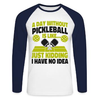 Pickleball Un jour sans - T-shirt baseball manches longues Homme - blanc/marine - Devant - Nik (191cm)