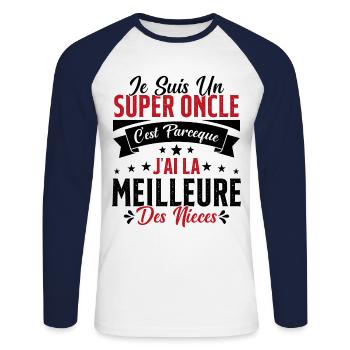 Un Super Oncle Cadeau Humour Nièce Tonton - T-shirt baseball manches longues Homme - blanc/marine - Devant - Nik (191cm)